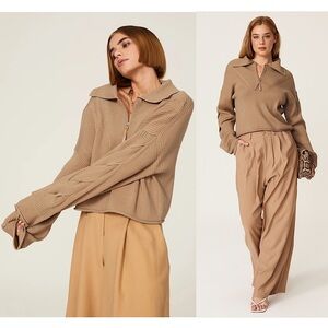 JONATHAN SIMKHAI Wool Blend Rib‎ Knit Braided Sleeve Cropped Zip Polo Sweater M